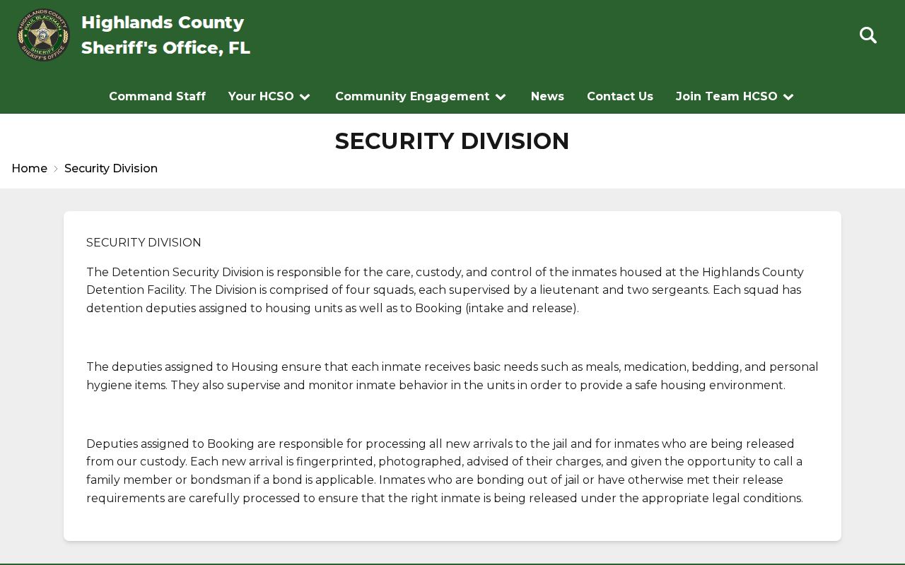 HCSO Security Division page describing booking and release operations
