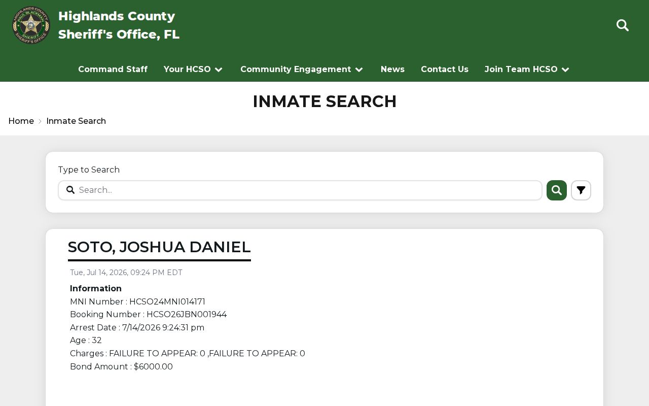 Highlands County current inmate roster without released inmate fields