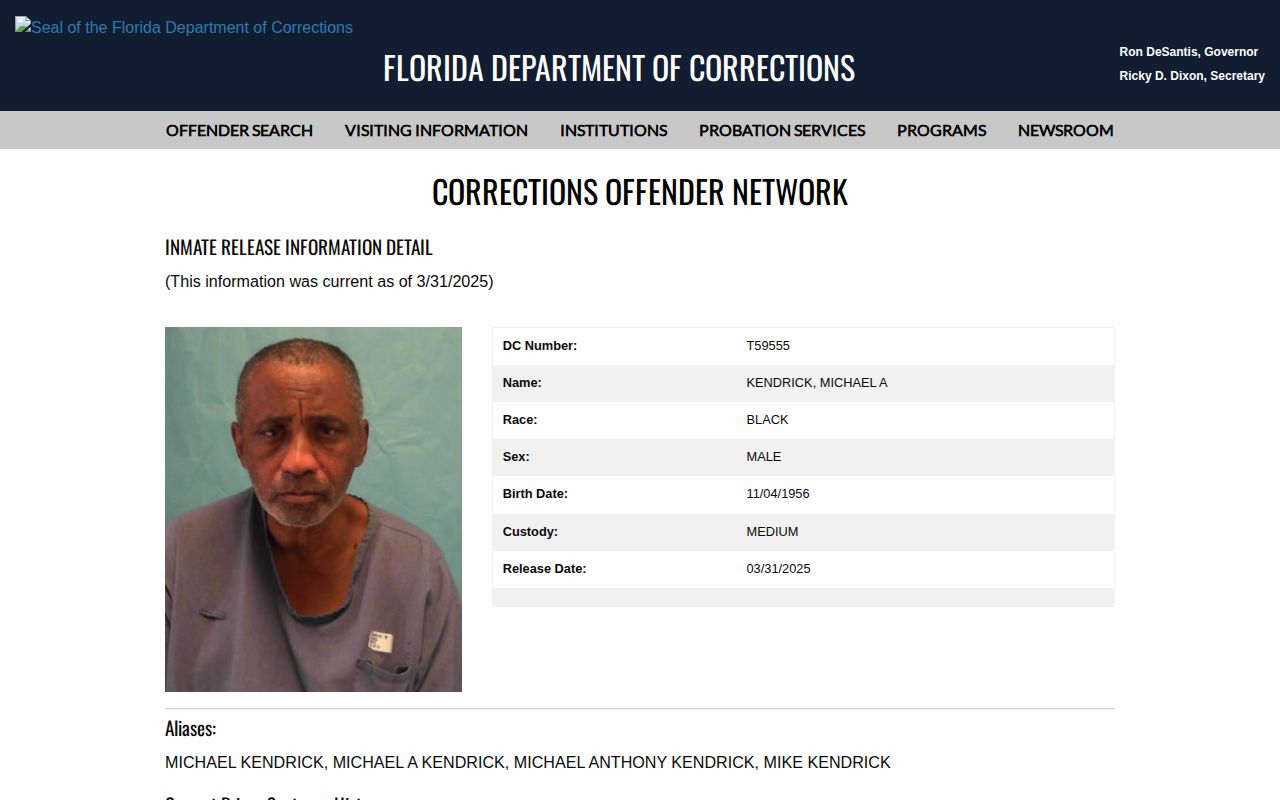Florida FDC released offender record fields for Highlands County searches