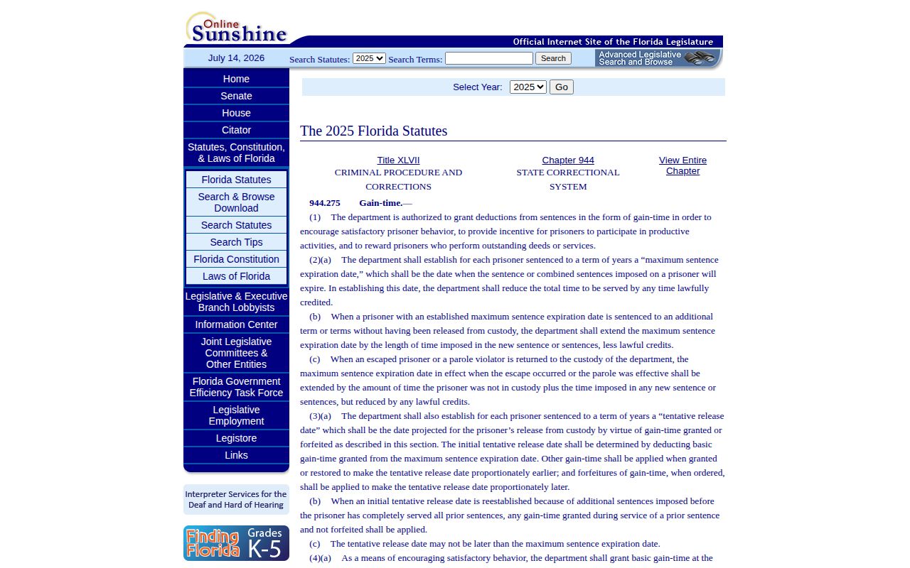 Florida gain-time statute for Highlands County projected release dates