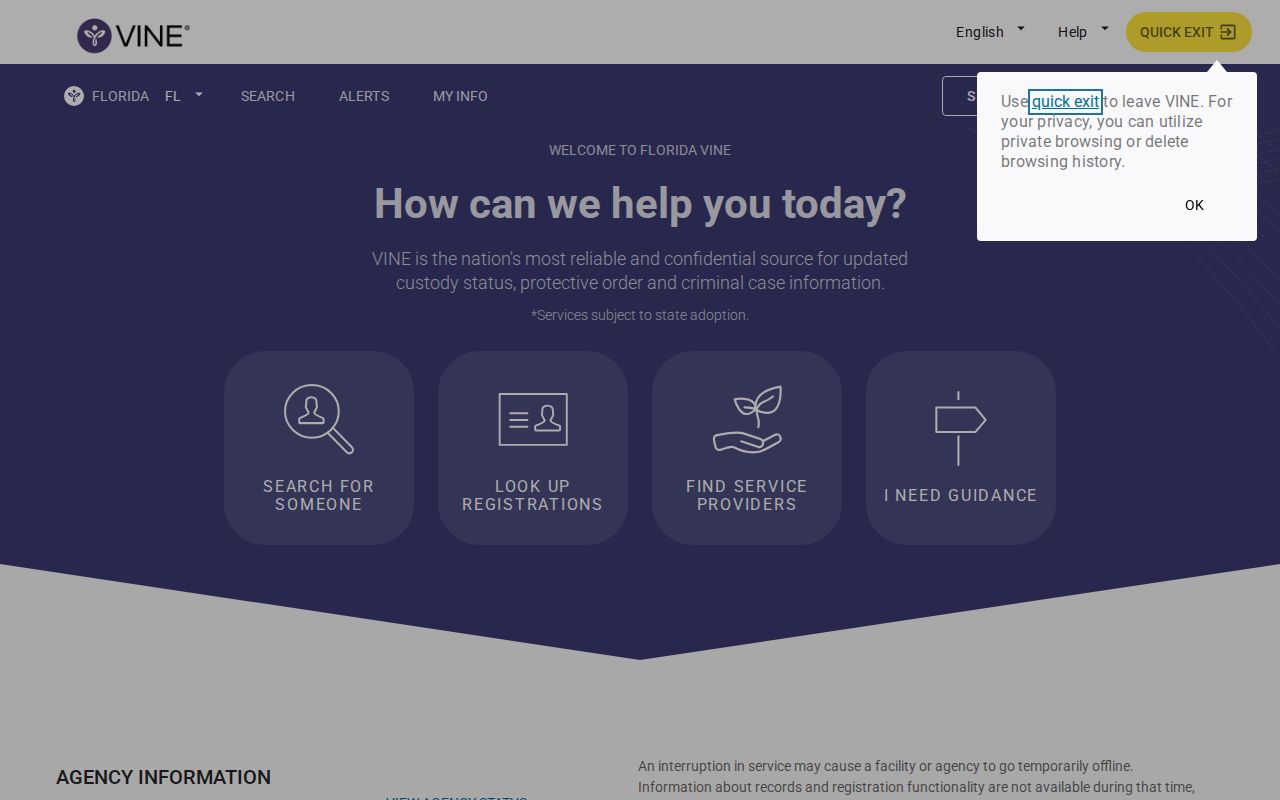 Florida VINELink people and custody search screen